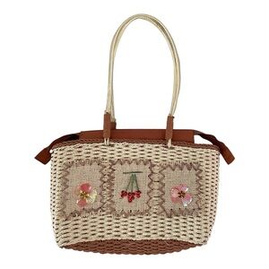 Vintage Woven Straw Shoulder Bag With Cherries and‎ Flowers